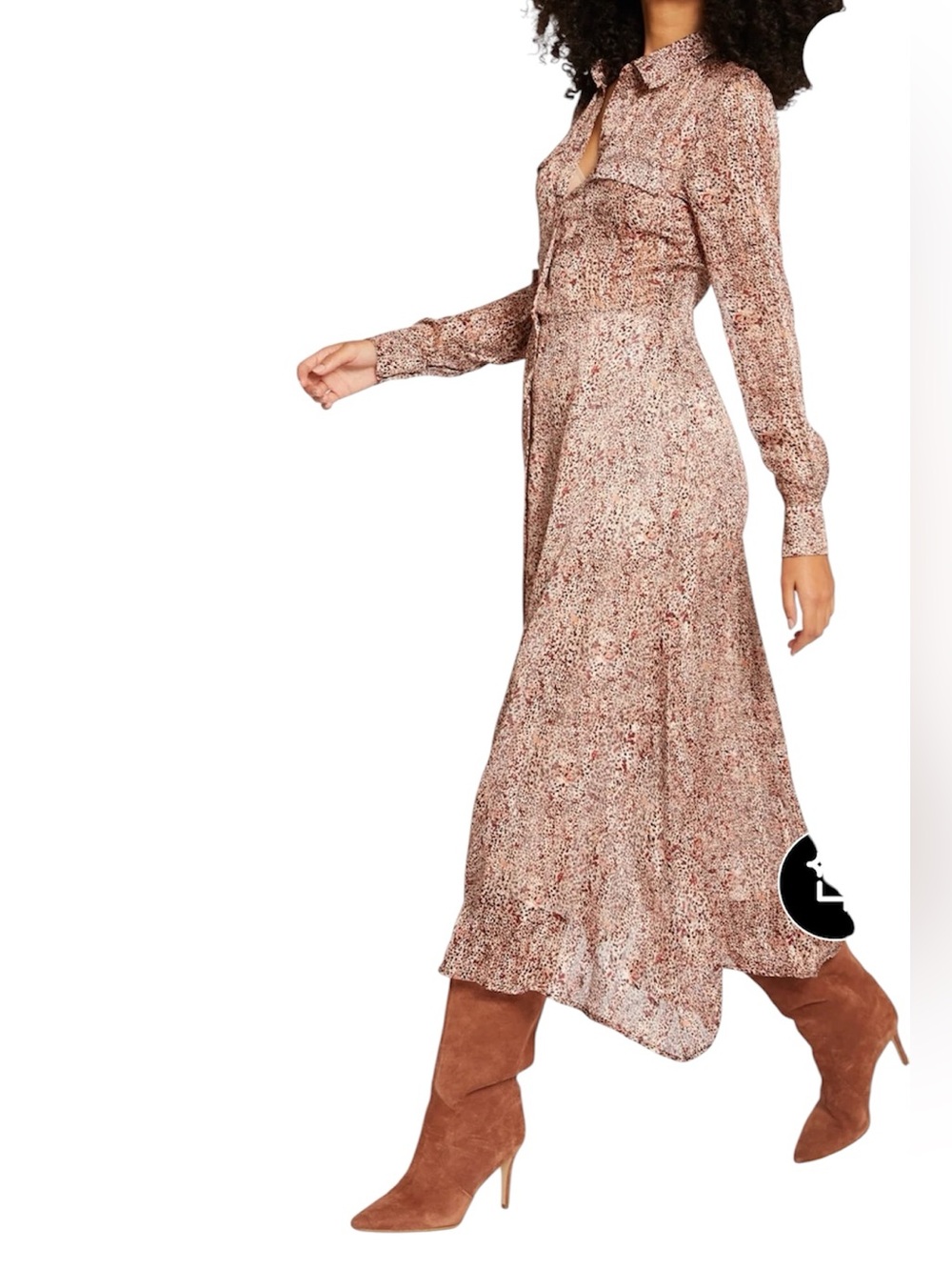 Long-Sleeve Collared Midi Dress in Brown Speckle